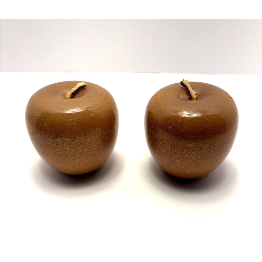 Vintage Fruit Wooden Apples Glazed Wood Lot of 2 Leather Stem 2.5" H Tan